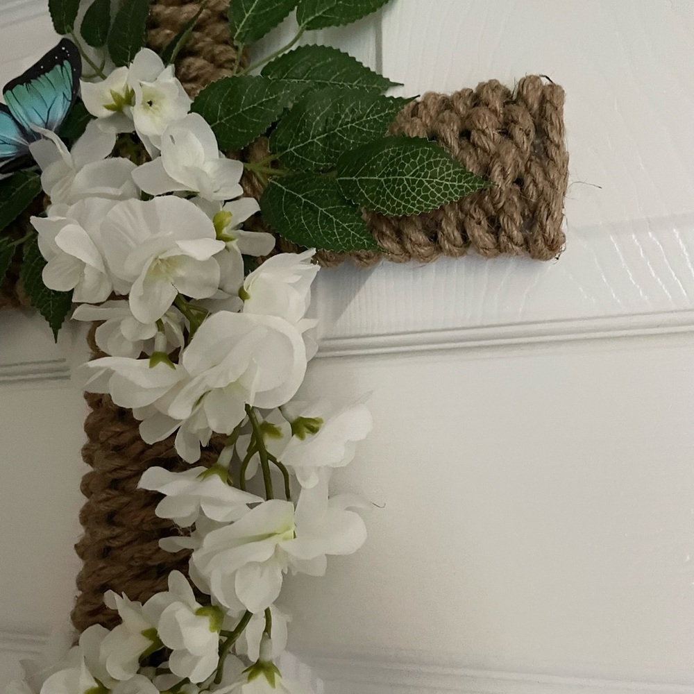 Hand Crafted Tan Rope Cross with White Blossoms and Blue Butterfly - Picture 4 of 4
